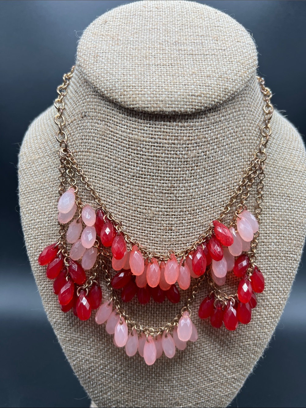 Laila Rowe Pink Red Faceted Teardrop Statement Necklace Layered Bib